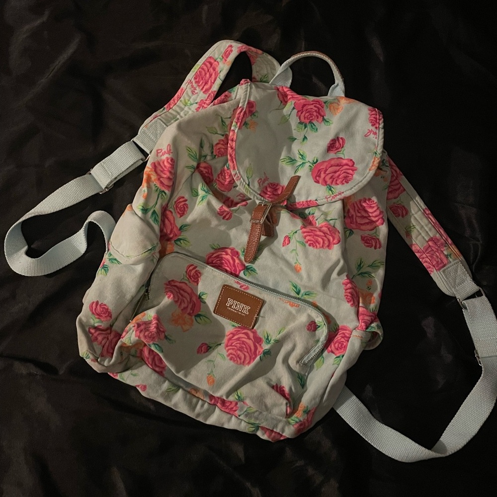 PINK Victoria's Secret Floral Backpack with Pink and Green Accents